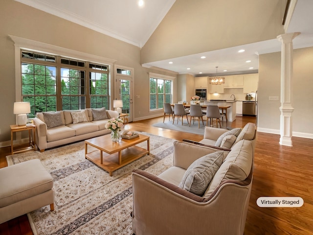 living room with sink, high vaulted ceiling, hardwood / wood-style floors, crown molding, and ornate columns