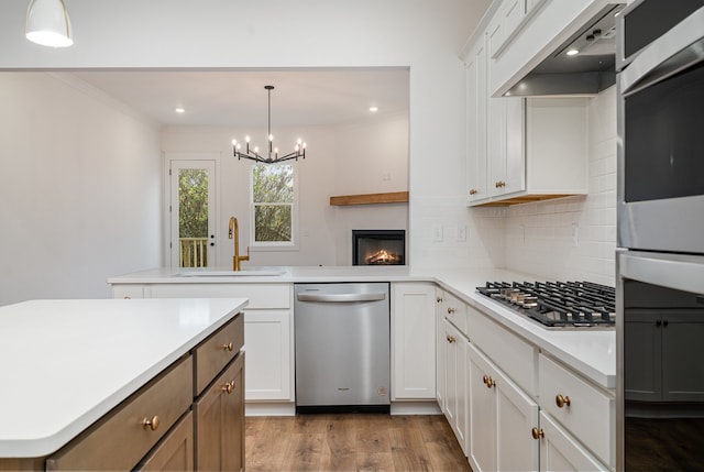 kitchen with stainless steel appliances, white cabinetry, sink, custom exhaust hood, and dark hardwood / wood-style flooring