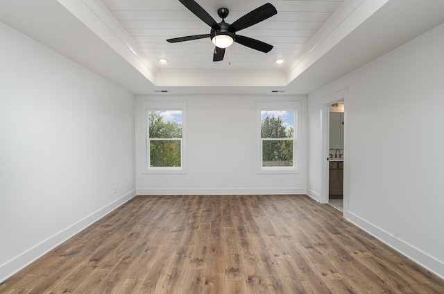 empty room featuring dark wood-type flooring, plenty of natural light, and a raised ceiling