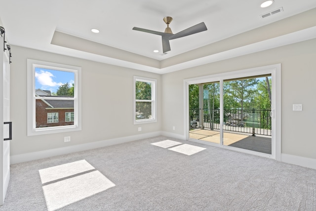 unfurnished room featuring a raised ceiling, ceiling fan, and a healthy amount of sunlight