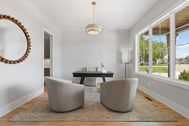 dining space with light hardwood / wood-style floors and a healthy amount of sunlight