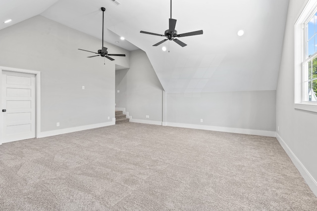 bonus room featuring ceiling fan, carpet floors, and vaulted ceiling