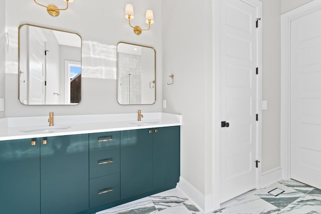 bathroom featuring a shower and vanity