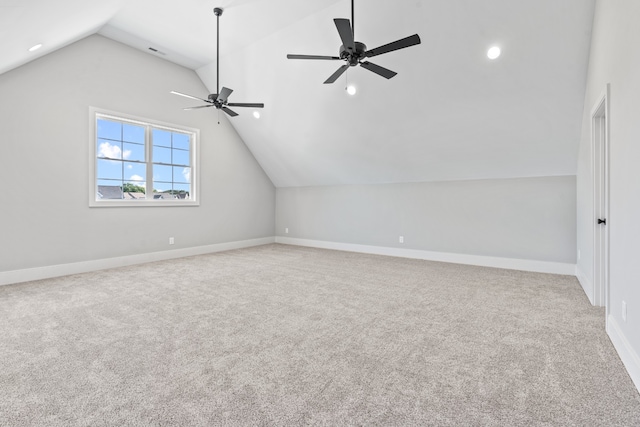 bonus room with light colored carpet, ceiling fan, and lofted ceiling