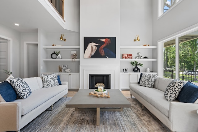 living room featuring dark hardwood / wood-style flooring and built in features