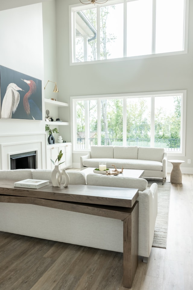 living room featuring a high ceiling and hardwood / wood-style flooring