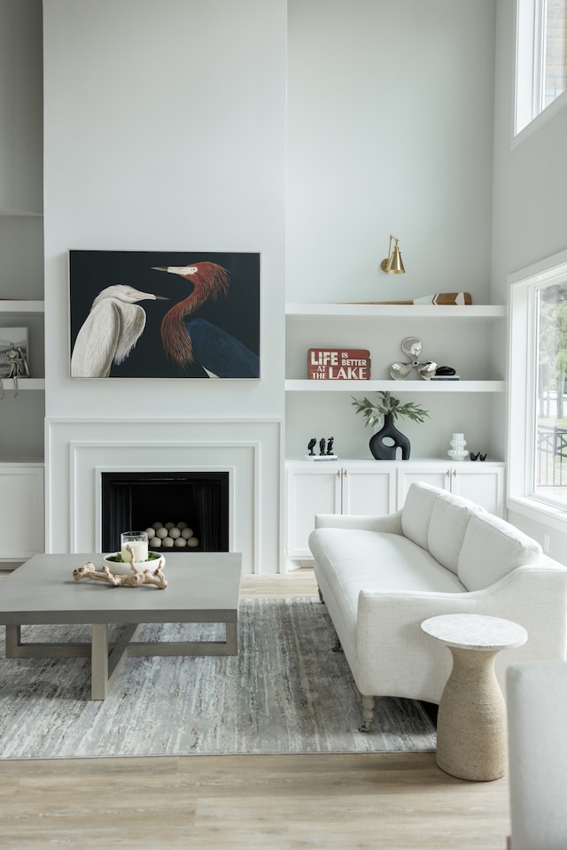 living area featuring built in shelves and hardwood / wood-style floors