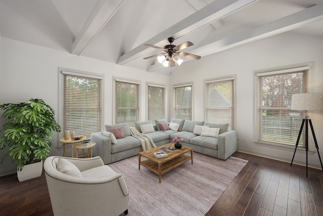 living room featuring ceiling fan, dark hardwood / wood-style floors, and vaulted ceiling with beams