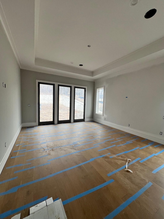 spare room featuring baseboards, a tray ceiling, and wood finished floors