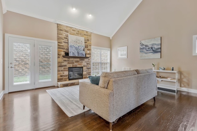 living room with dark hardwood / wood-style flooring, a stone fireplace, a healthy amount of sunlight, and high vaulted ceiling