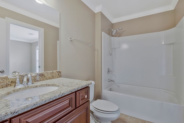 full bathroom featuring toilet, tile patterned flooring, ornamental molding, vanity, and bathing tub / shower combination