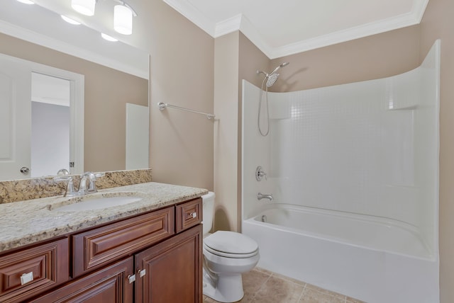 full bathroom with toilet, tile patterned flooring, vanity, bathing tub / shower combination, and crown molding