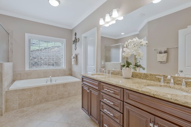 bathroom with tile patterned flooring, shower with separate bathtub, vanity, and crown molding