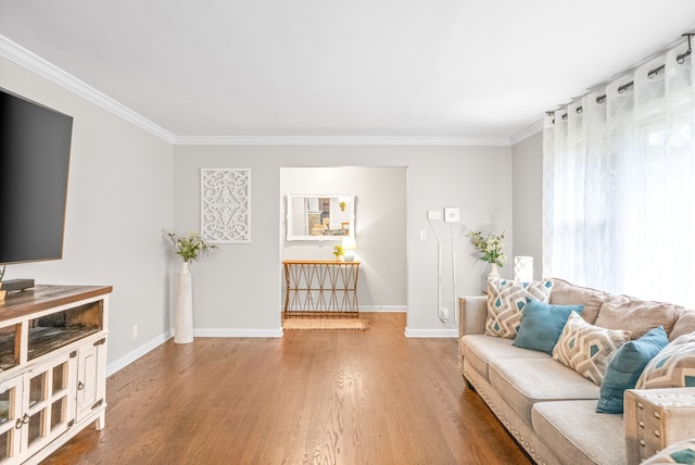 living room with wood-type flooring and ornamental molding