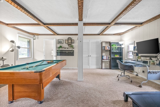 playroom with beam ceiling, carpet flooring, billiards, and coffered ceiling