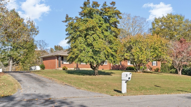 view of property hidden behind natural elements featuring a front yard