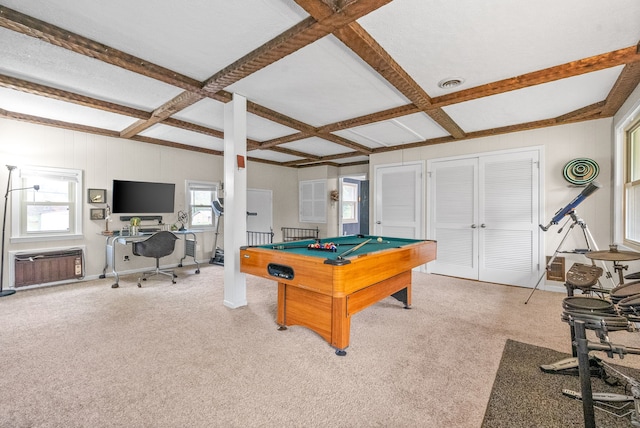 rec room with a wealth of natural light, beamed ceiling, light carpet, and coffered ceiling