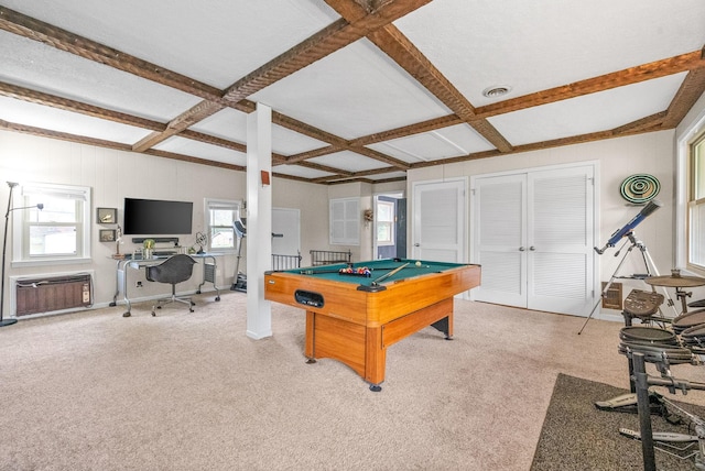 3 Hillwood Ct, Clarksville, TN 37043 - rec room with coffered ceiling, pool table, beamed ceiling, carpet flooring, and baseboards