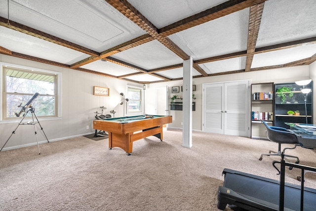 game room featuring beamed ceiling, billiards, carpet, and coffered ceiling