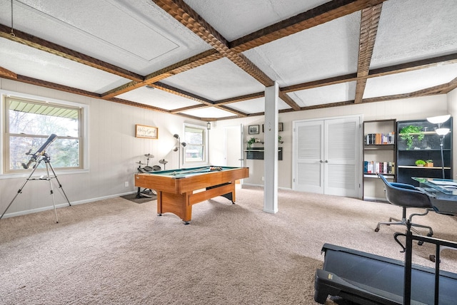 3 Hillwood Ct, Clarksville, TN 37043 - playroom featuring coffered ceiling, carpet, beamed ceiling, billiards, and baseboards