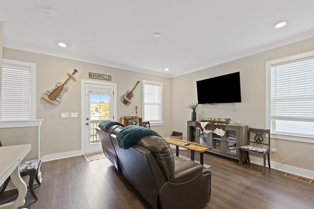 living room with dark hardwood / wood-style floors and ornamental molding