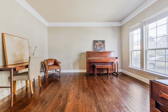 sitting room featuring dark hardwood / wood-style floors and crown molding