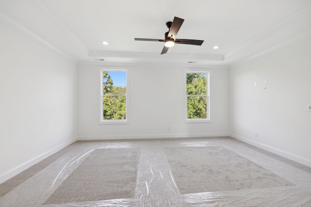 unfurnished room featuring a healthy amount of sunlight, crown molding, and a tray ceiling