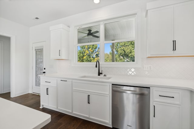 kitchen with dark hardwood / wood-style floors, sink, white cabinets, dishwasher, and ceiling fan