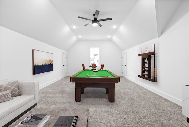 game room with pool table, carpet floors, ceiling fan, and vaulted ceiling