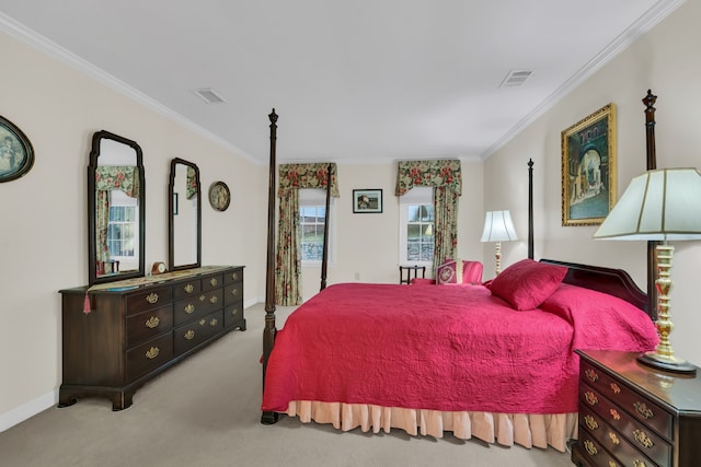 carpeted bedroom with ornamental molding