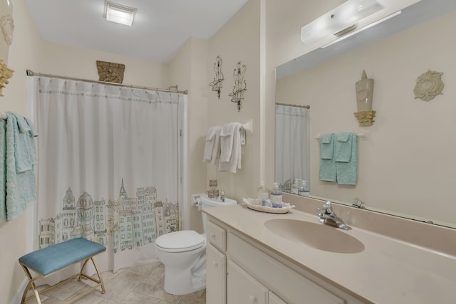 bathroom featuring walk in shower, tile patterned flooring, vanity, and toilet