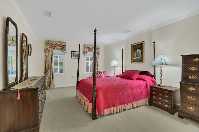 carpeted bedroom featuring crown molding