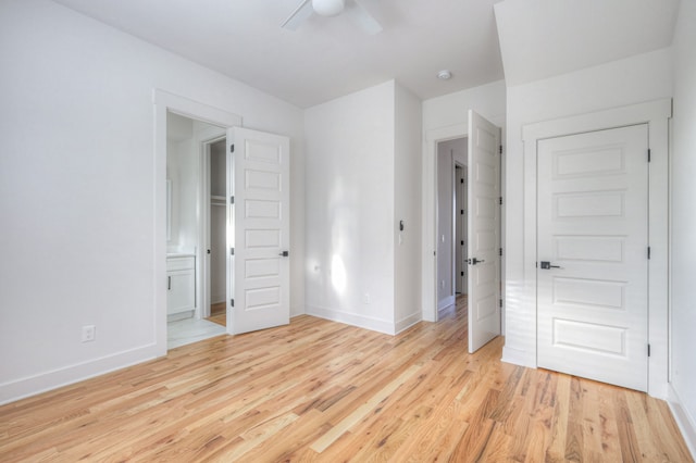 unfurnished bedroom featuring a closet, ceiling fan, and light hardwood / wood-style floors