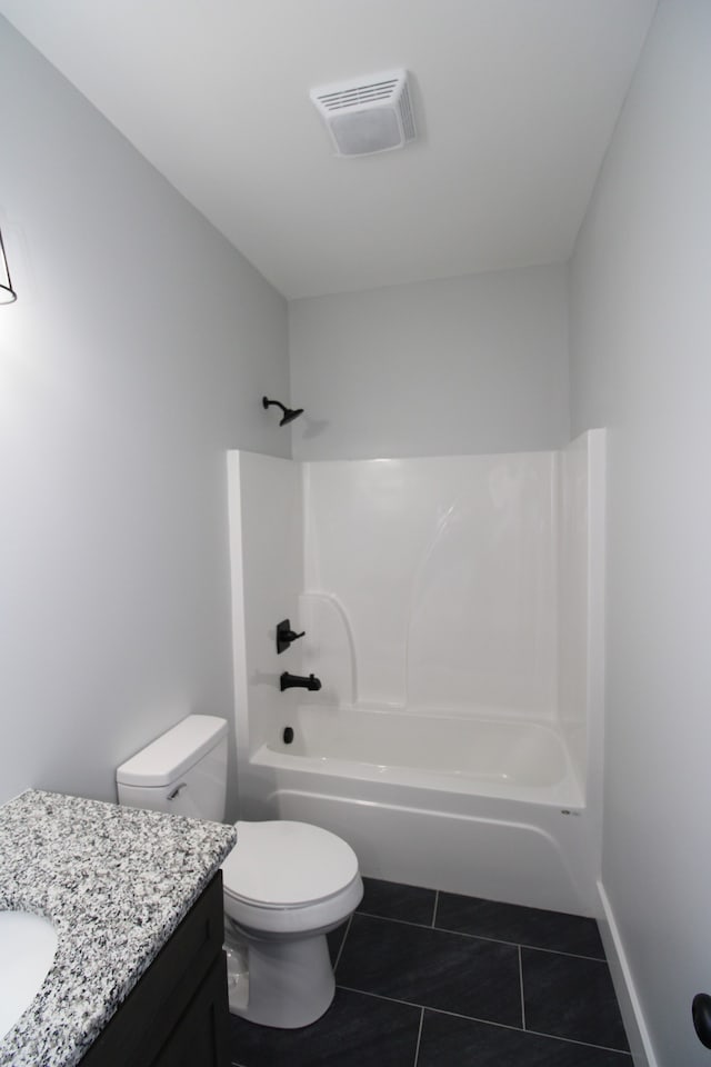 full bathroom with toilet, vanity, shower / bathtub combination, and tile patterned flooring