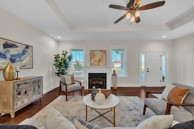 living room with dark hardwood / wood-style flooring, a tray ceiling, and ceiling fan