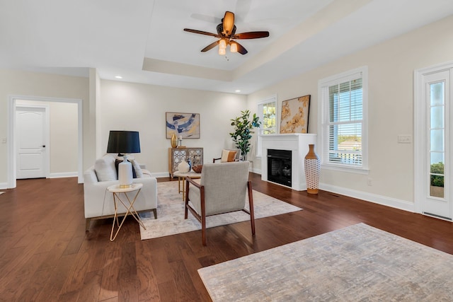 living room featuring ceiling fan, a tray ceiling, and dark hardwood / wood-style floors