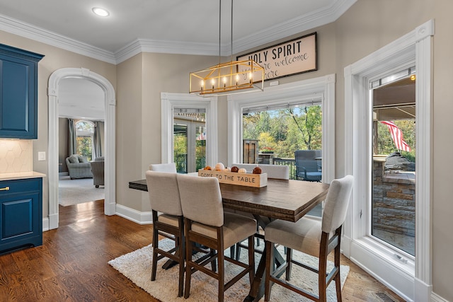 dining room with ornamental molding, plenty of natural light, a notable chandelier, and dark hardwood / wood-style flooring