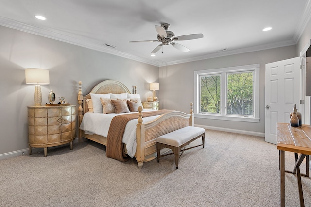 bedroom with ceiling fan, carpet flooring, and crown molding