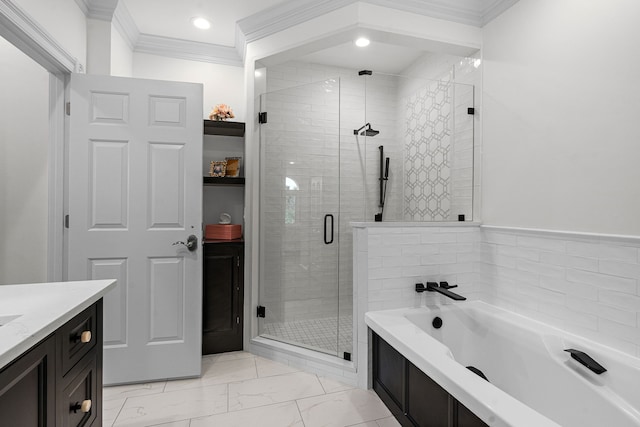 bathroom with vanity, separate shower and tub, and crown molding