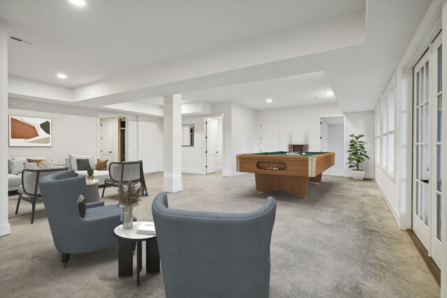 recreation room featuring pool table, recessed lighting, visible vents, and baseboards