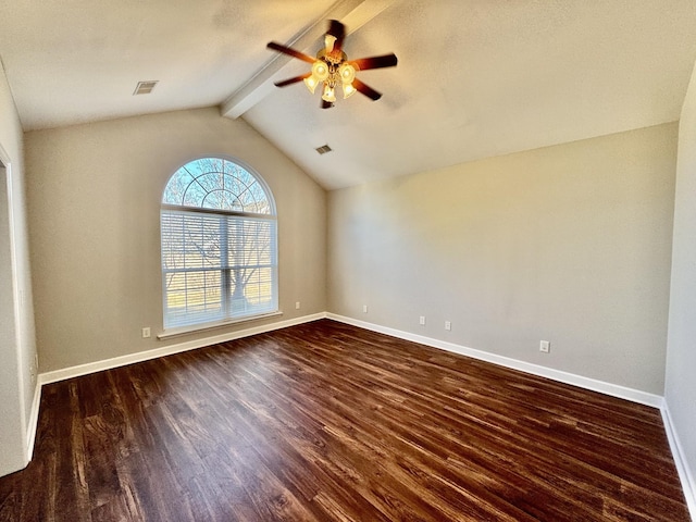 unfurnished room with lofted ceiling with beams, ceiling fan, and dark wood-type flooring