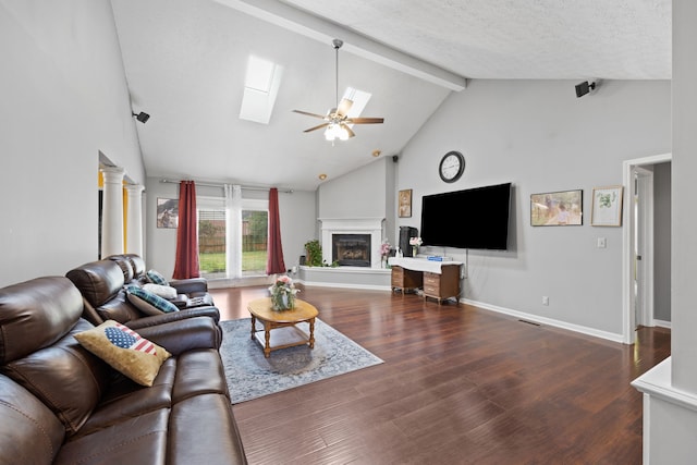 living room featuring a textured ceiling, ceiling fan, high vaulted ceiling, and dark hardwood / wood-style floors