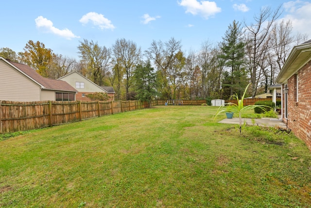 view of yard featuring a storage unit