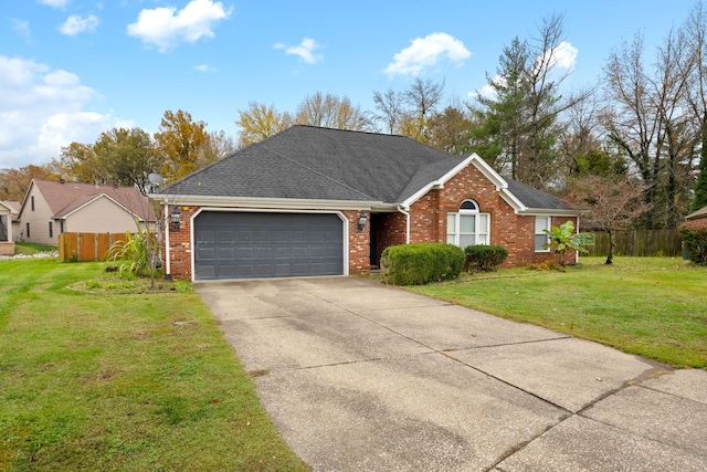 single story home featuring a front yard and a garage