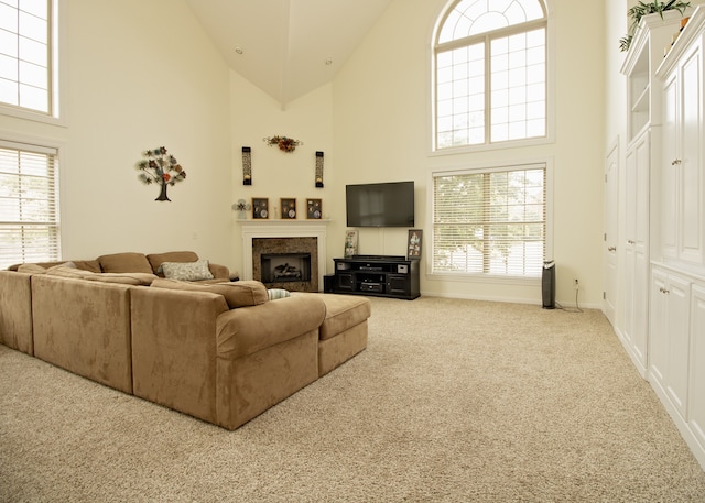 living room with carpet flooring and a high ceiling