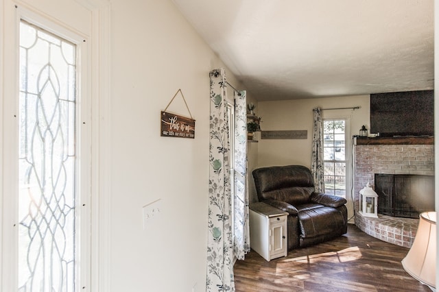 interior space with dark wood-type flooring and a fireplace