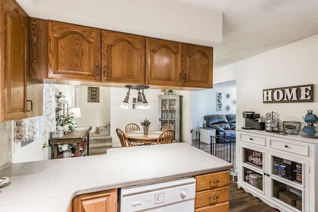 kitchen with dark wood-type flooring and white dishwasher