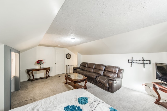 living room featuring lofted ceiling, a textured ceiling, and carpet floors