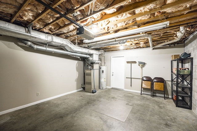 basement featuring water heater and heating unit