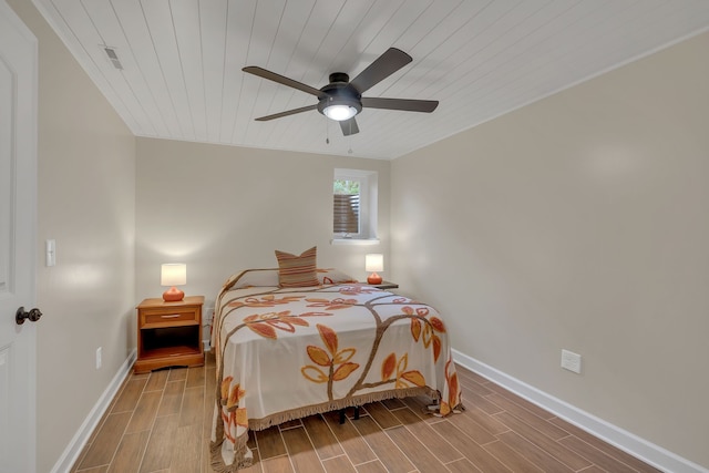 bedroom with hardwood / wood-style flooring, ceiling fan, and wooden ceiling